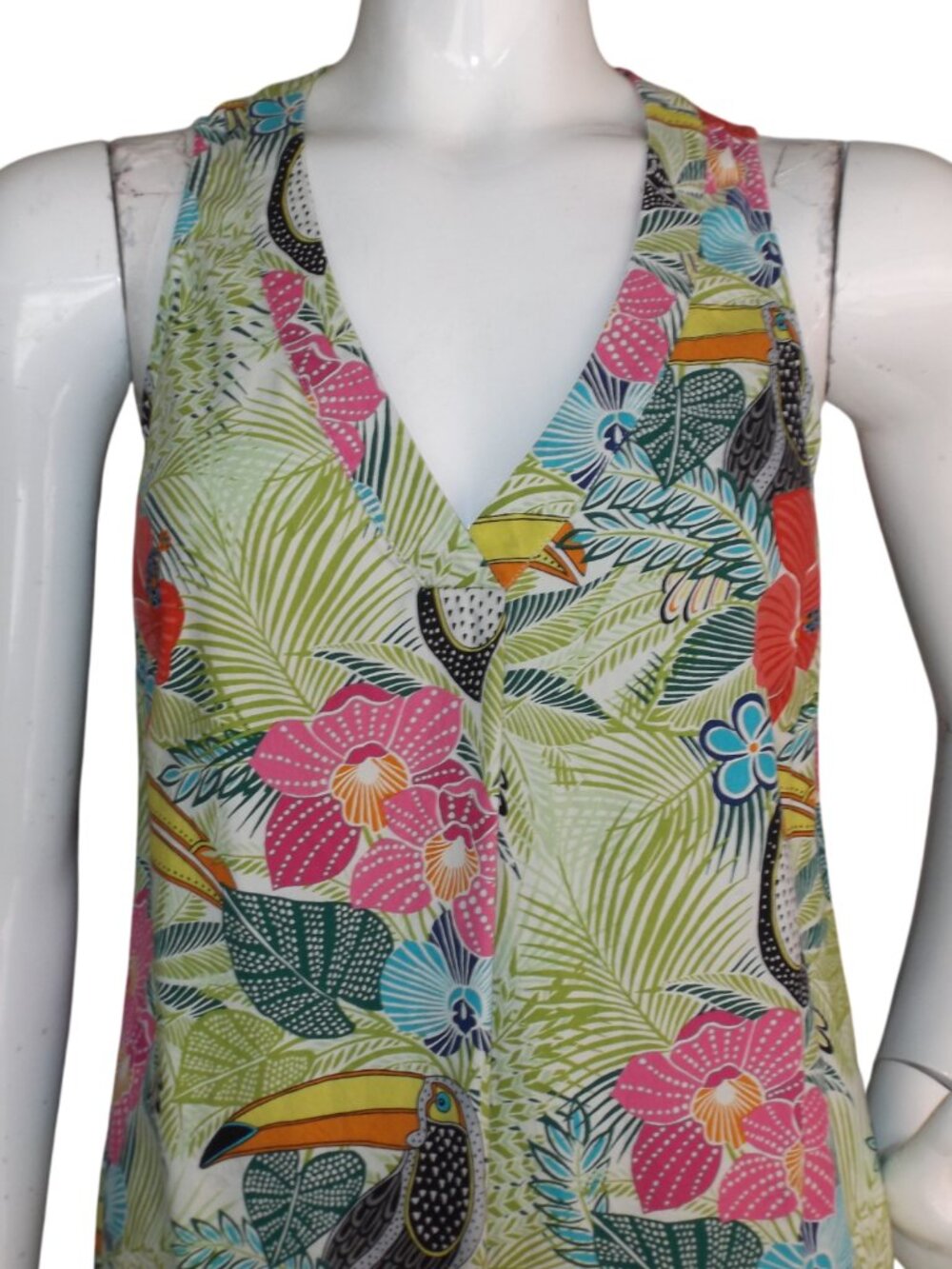 TOMMY BAHAMA Silk Dress, S, V-neck, Short, Pockets, Bold Color Toucan Floral - Picture 2 of 13